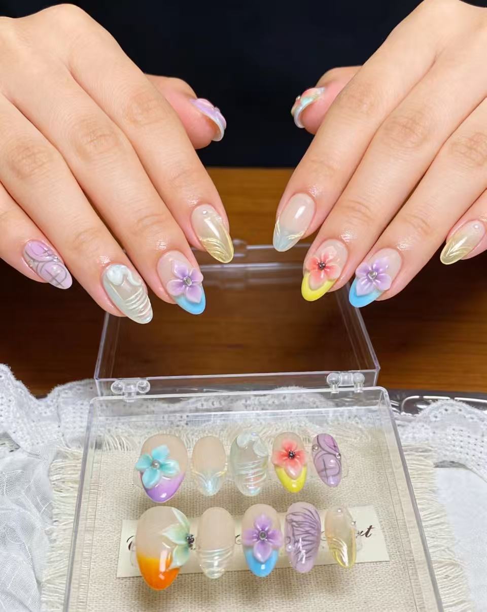 100% Hand-Painted 3D Floral & Mermaid Wave Press-On Nails | Whimsical Gradient Fake Nails Kit