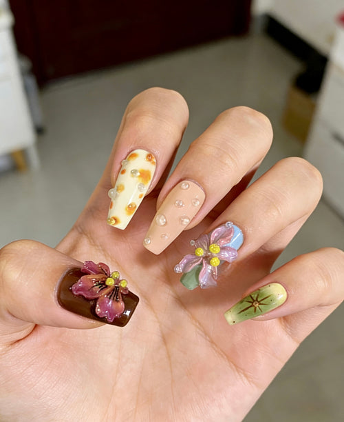 100% Hand-Painted 3D Floral & Fruit Print Press-On Nails | Whimsical Colorful Fake Nails Kit