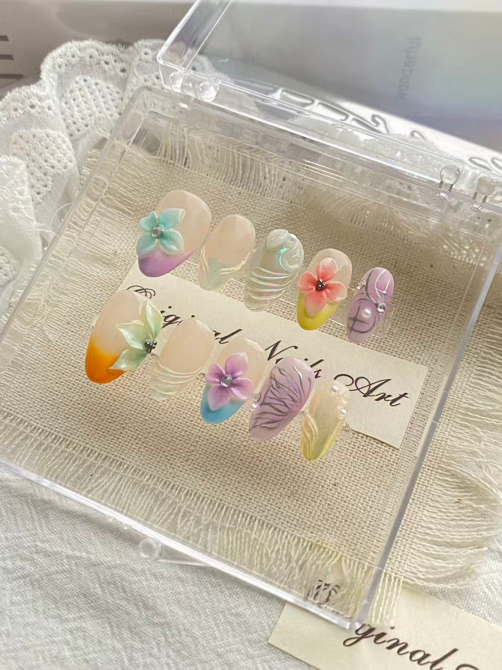 100% Hand-Painted 3D Floral & Mermaid Wave Press-On Nails | Whimsical Gradient Fake Nails Kit