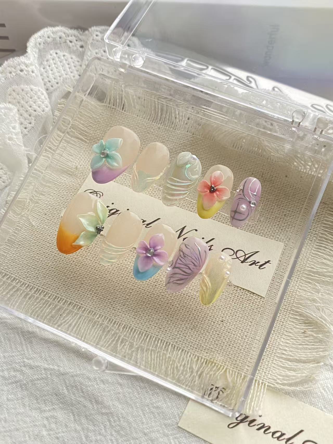 100% Hand-Painted 3D Floral & Mermaid Wave Press-On Nails | Whimsical Gradient Fake Nails Kit