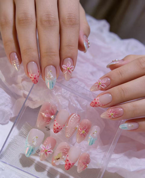 100% Hand-Painted 3D Floral & Mermaid Tail Press-On Nails | Romantic Pink Fake Nails Kit