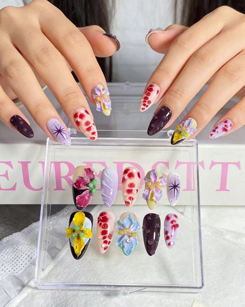 100% Hand-Painted 3D Floral & Fantasy Press-On Nails | Reusable Whimsical Fake Nails Kit