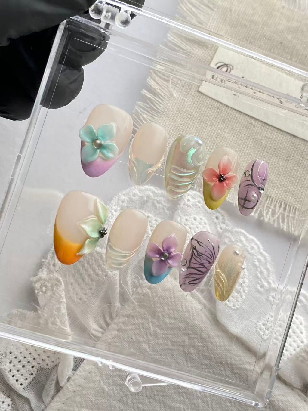 100% Hand-Painted 3D Floral & Mermaid Wave Press-On Nails | Whimsical Gradient Fake Nails Kit