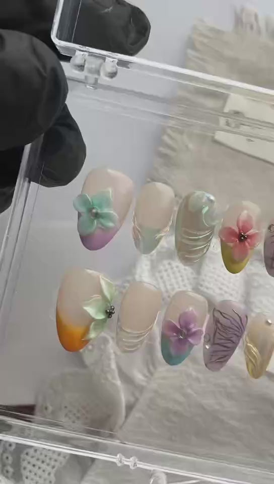 100% Hand-Painted 3D Floral & Mermaid Wave Press-On Nails | Whimsical Gradient Fake Nails Kit